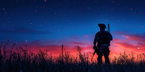 Wall Mural - Silhouette of military sniper with sniper gun at dark toned foggy background. shot, holding gun, colorful sky, background.