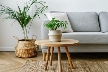 Poster - wooden coffee table with with houseplant and wicker basket near grey sofa in living room