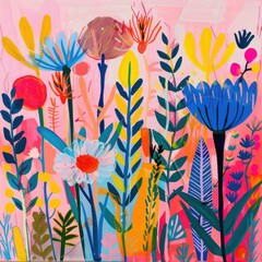 Poster - abstract art like rachel castle in bold bright colors with a pale pink background painted in guoache using lots of texture