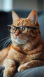 A portly orange tabby cat, sporting a pair of stylishly thick black glasses that perpetually slide down its nose