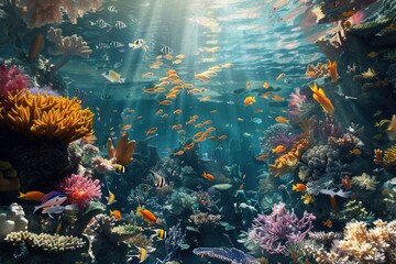 Wall Mural - A colorful underwater scene with many fish and coral