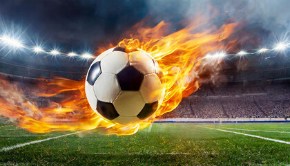 Wall Mural - Fiery hot soccer ball kicked with power. Football game. Orange flame. Professional active sport.