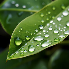 Poster - A close-up of water droplets on a leaf. 