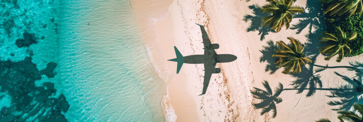 Wall Mural - An aerial view  shadow airplane flying over the beach, traveling  summer vacation,banner