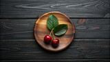 Ripe Cherries on a Dark Wooden Table. Top view
