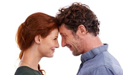 Poster - Couple, forehead touch and love in studio, romance and smile for relationship on white background. Happy people, commitment and trust in security of marriage, bonding and affection for anniversary