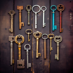 Sticker - A collection of antique keys on a rustic surface. 