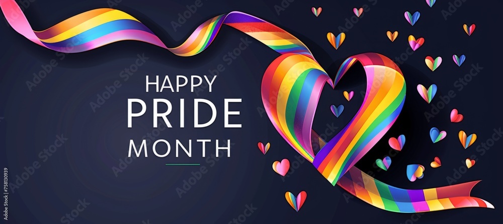 Pride month rainbow ribbon heart vector banner design with text "HAPPY ...