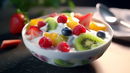 Wall Mural - Yogurt with fresh berries in a bowl on the table, closeup