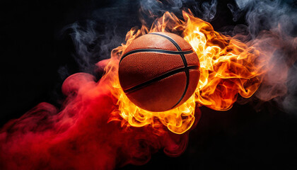Wall Mural - Burning basketball ball with smoke in the air. Hot orange flame. Active sport. Black background.