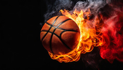 Wall Mural - Burning basketball ball with smoke. Hot orange flame. Professional active sport. Black background.