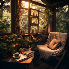 Wall Mural - A cozy reading nook with a cup of tea.