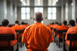 © Tetiana - Criminals jailed in prison in orange uniform behind metal bars Generative AI realistic 3D picture