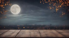 Empty Wooden Table And Full Moon Night Background. Product Display Template.
