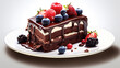  A mouthwatering portrayal of a chocolate cake slice featuring a delectable glaze and plump berries, elegantly arranged on a white plate, captured in stunning high definition