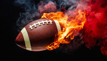 Wall Mural - Burning American football ball with smoke. Hot orange flame. Professional active sport. Black background.