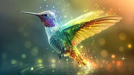 Wall Mural - Magic glowing glittering multi-colored hummingbird splashing in water