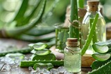 Fototapeta Młodzieżowe - Cosmetic essence from the Aloe Vera plant, bottles with essence next to Aloe Vera leaves