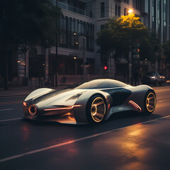 Sticker - A futuristic car on a sleek city street. 