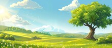 Cartoon illustration: vibrant spring meadow with trees, blue sky, and green hills - fresh green landscape scene