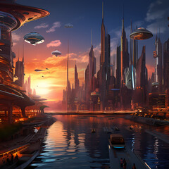 Poster - A futuristic cityscape at sunset.