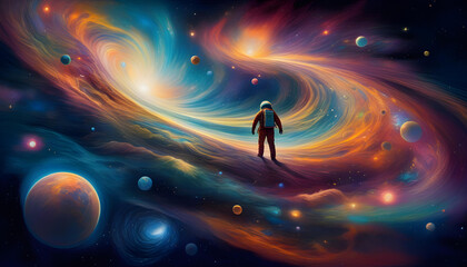 Wall Mural - An oil painting of a human and alien figure floating in space with galaxies in the background