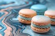Macarons in soft blue shades lie on a marble surface with blue decor.