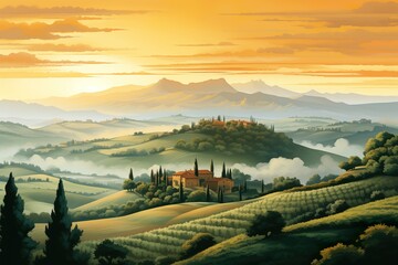 Description: Landscape in Tuscany, Italy landscape, Tuscany landscape with fields, meadows, cypress trees and houses on the hills, Italy landmark, Tuscany, Europe, generative ai