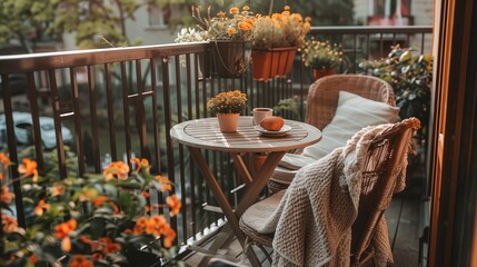 a balcony with a table and chairs