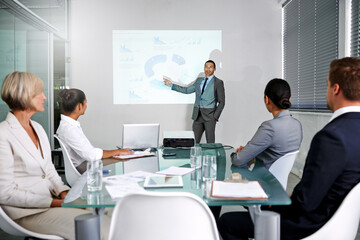 Leinwandbilder - Presentation, business people and speaker with projector screen, portrait with planning meeting and info in conference room. Data analysis, statistics and research for corporate project with team