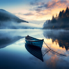 Poster - A lone boat on a calm lake. 