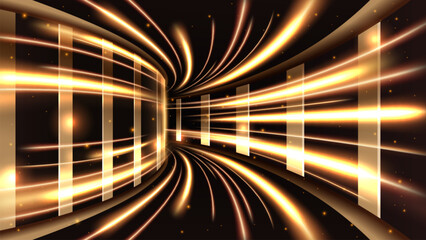 Wall Mural - Abstract Gold Light Lines Passed along The Edge of The Hallway, Vector Illustration