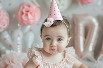 Wall Mural - An up-close perspective highlighting the adorable outfit of a baby girl on her first birthday, dressed in a cute pink party hat 