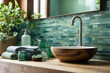 Modernes Badezimmerdesign mit stilvollem Holzwaschbecken und Mosaikfliesen