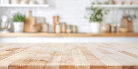 Empty beautiful wood table top counter and blur bokeh modern kitchen interior background in clean and bright,Banner, Ready for product montage	
