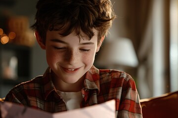 Teenage boy's eyes lighting up with joy as he opens a birthday card filled with heartfelt messages from his closest friends