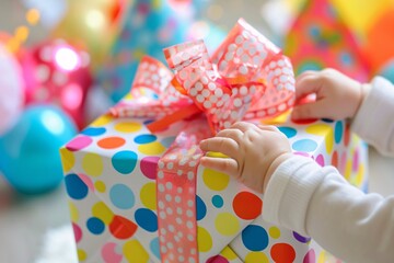 Wall Mural - Detailed shot focusing on the tiny fingers of a baby as they reach out to grab their first birthday present, wrapped in colorful paper and adorned with a big bow