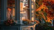 Detailed shot capturing the elegant bay window adorned with colorful flower boxes of a charming Victorian-era home, illuminated by the soft glow of a setting sun in the early autumn evening