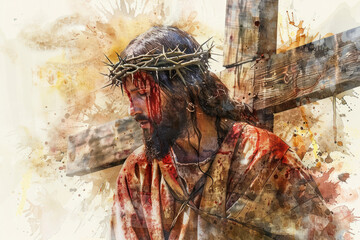 Sticker - Jesus Christ Carrying the Cross brown watercolor