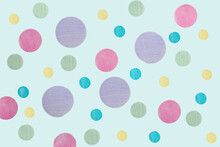 Round Solid Pastel Circles On Mint Green Background In Pink, Lavender,Blue, And Yellow AI