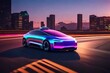 A futuristic self-driving car cruising along a highway at sunset, with a colorful sky and city skyline in the distance, showcasing the cutting-edge technology of modern vehicles.