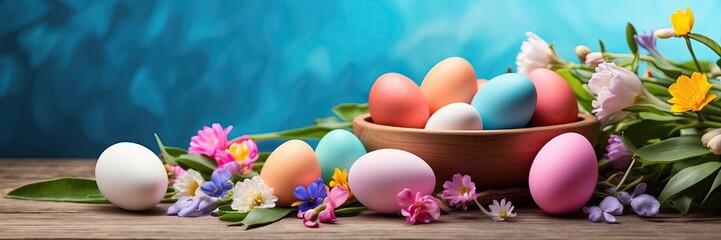 Wall Mural - Multicolored Easter eggs on the table with spring flowers - Easter banner with a space for text. rustic Easter background.