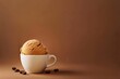 Coffee ice cream scoop in white cup with coffee beans on brown background. Summer lifestyle concept. Design for banner, advertising, menu with copy space