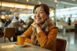 Asian woman with a happy expression, seated at a café table in the airport lounge, sipping on a cup of coffee or tea while waiting for her flight to be called