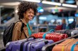 Black woman with a gleeful expression, spotting her luggage on the baggage carousel and eagerly retrieving it. The colorful assortment of suitcases and bags adds visual interest to the scene