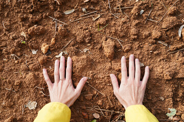 Two hands are in the land. connection to planet Earth. Stop to drought and climate change