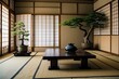 Japanese style room with bonsai and wooden table,