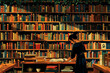 Artistic rendering of an individual selecting books in a large, organized library with copious shelves