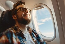Delighted man marveling at the view from his window seat, his birthday excitement building as the plane prepares for takeoff