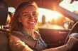 Smiling young woman fastening their seatbelt inside a car, signaling the beginning of an exciting vacation trip. The soft glow of sunlight bathes the interior